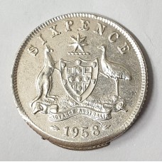 AUSTRALIA 1958  . SIXPENCE . ERROR . HUGE LIP . MIS-STRIKE
